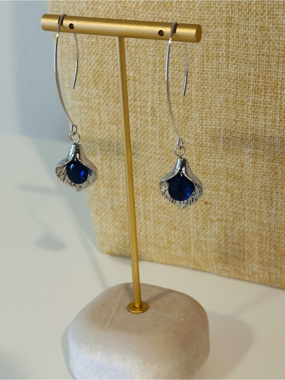 Fashion Jewelry Silver-Tone Drop Earrings with Deep Blue Accent